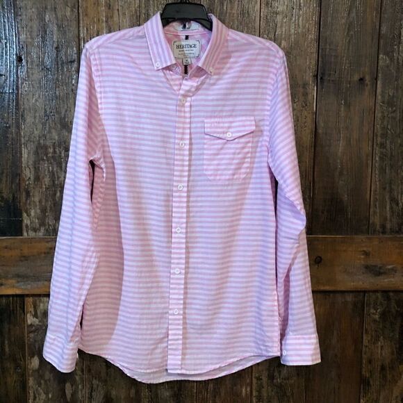 Heritage Sz M Pink White Classic Stripe Slim Fit Button Down Shirt - Picture 3 of 9